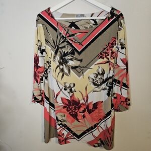JM Collection Floral Chevron Print 3/4 Sleeve Top in Coral, Beige, White